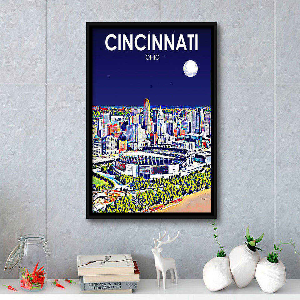 Cincinnati Ohio Art Night Landscape, Large Canvas, Framed Canvas Print Wall Art Home Decor, Floating Frame