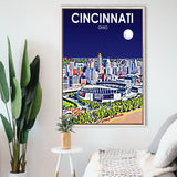 Cincinnati Ohio Art Night Landscape, Large Canvas, Framed Canvas Print Wall Art Home Decor, Floating Frame