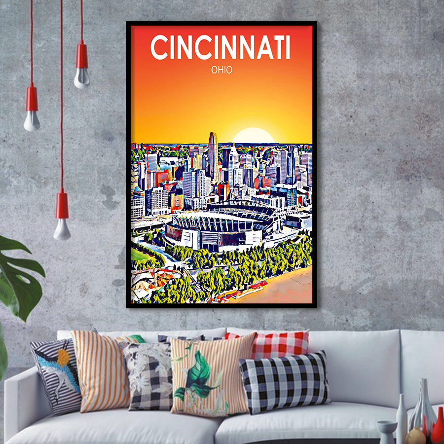 Cincinnati Ohio Art Sunset Landscape, City Art Print, Framed Art Print Wall Art Home Decor, Framed Picture