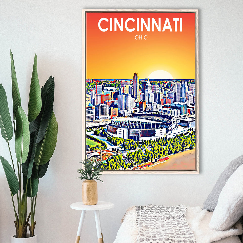 Cincinnati Ohio Art Sunset Landscape, Large Canvas, Framed Canvas Print Wall Art Home Decor, Floating Frame
