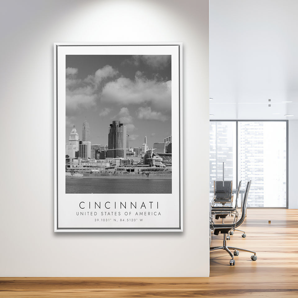 Cincinnati Usa Black And White Art Framed Canvas Prints Wall Art Home Decor, Floating Frame