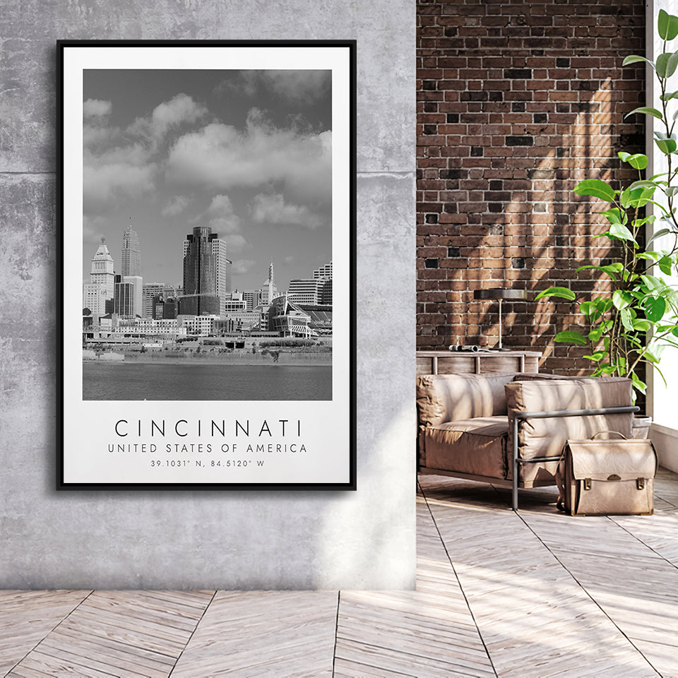 Cincinnati Usa Black And White Art Framed Canvas Prints Wall Art Home Decor, Floating Frame