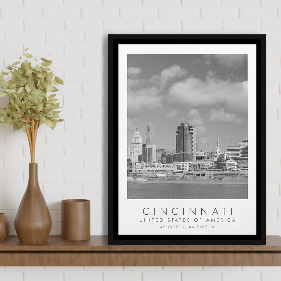 Cincinnati Usa Black And White Art Framed Canvas Prints Wall Art Home Decor, Floating Frame