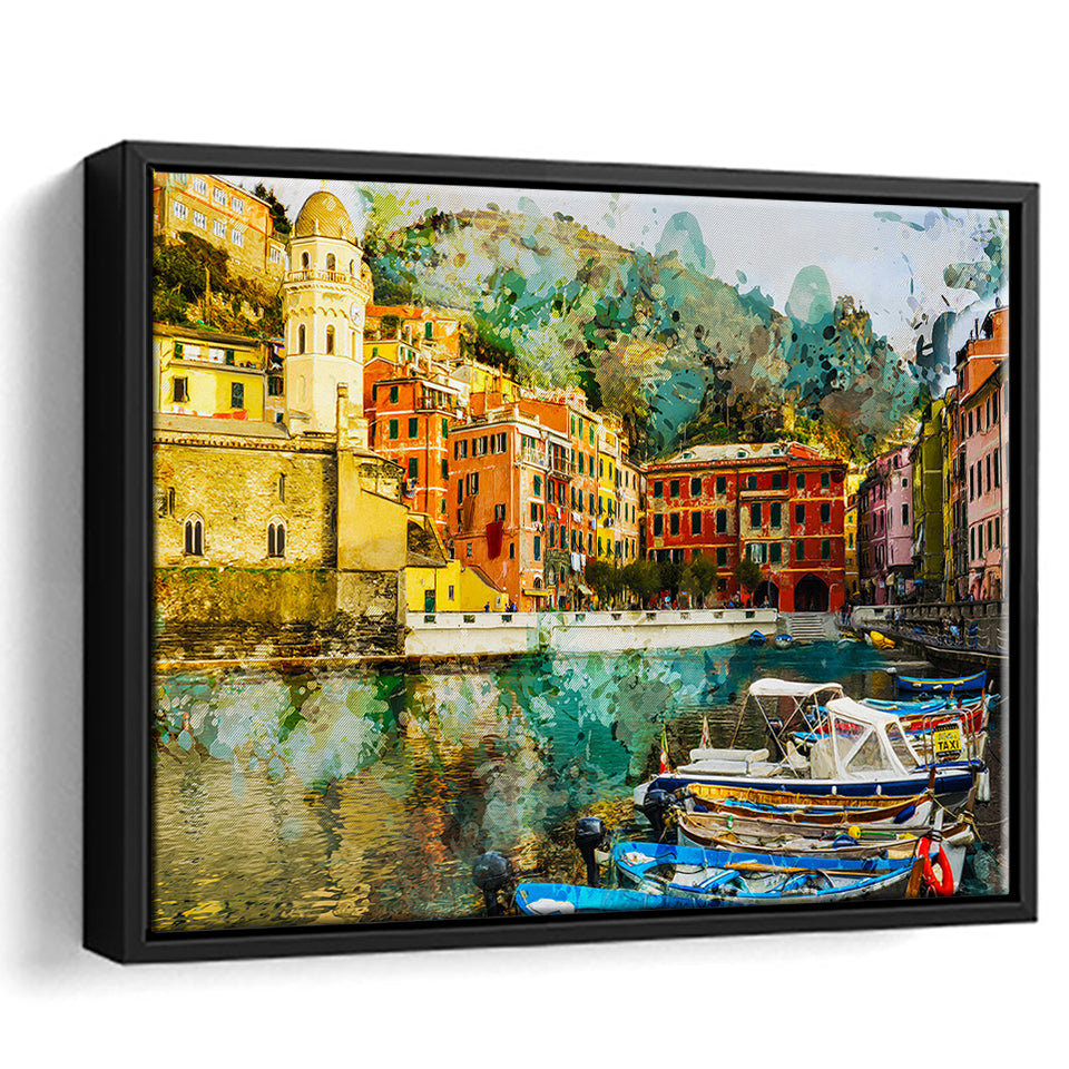 Cinque Terre, Abstract Cinque Terre Painting, Italian, Framed Canvas Prints Wall Art Home Decor,Floating Frame, Ready to Hang