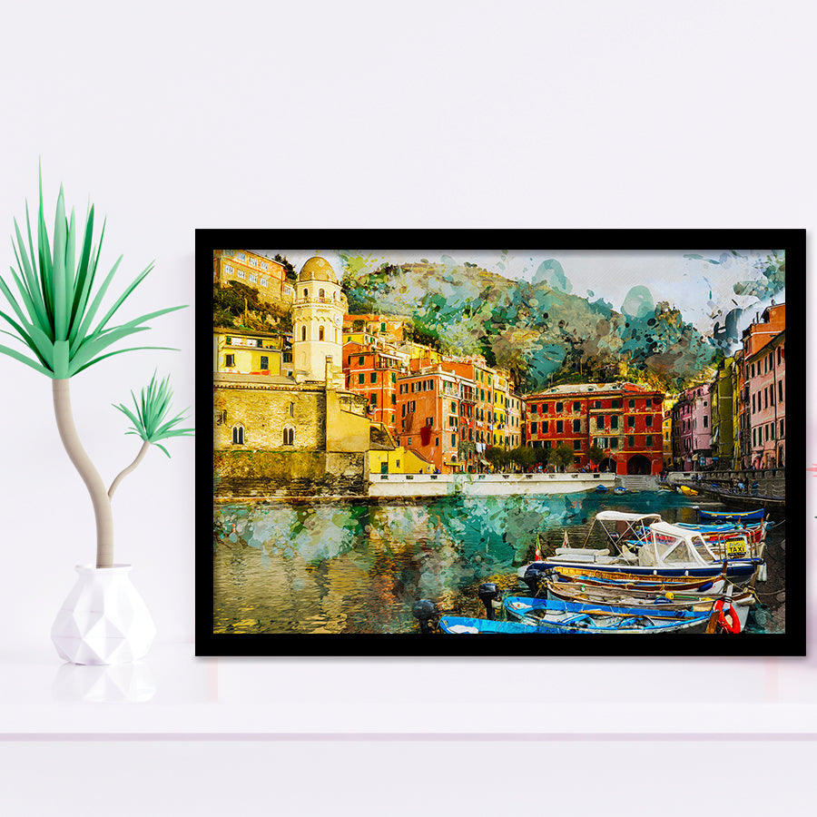 Cinque Terre, Abstract Cinque Terre Painting, Italian, Framed Art Prints Wall Art Home Decor, Ready to Hang