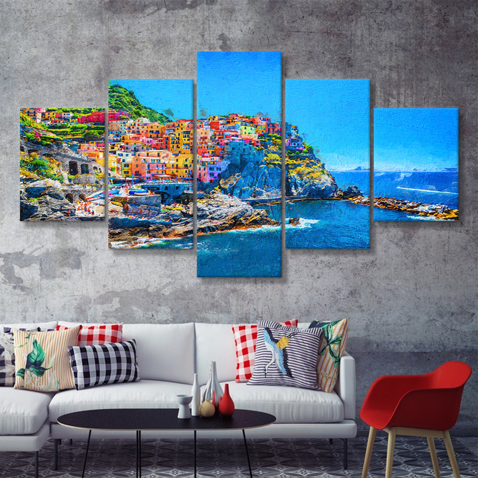 Cinque Terre Cool 5 Piece Canvas Prints Wall Art Decor - Painting Canvas, Multi Panels