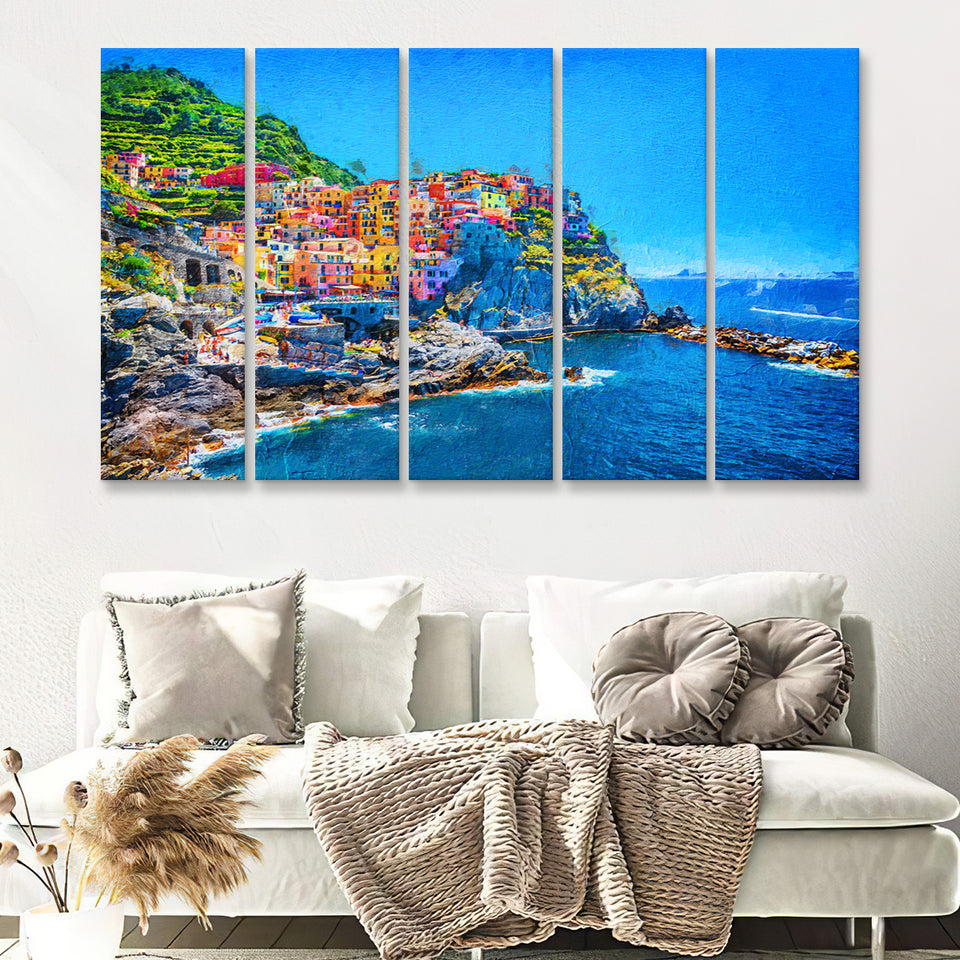 Cinque Terre Cool 5 Piece B Canvas Prints Wall Art Decor - Painting Canvas, Multi Panels