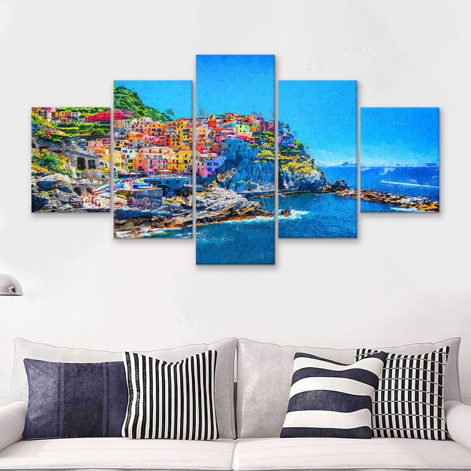 Cinque Terre Cool 5 Piece Canvas Prints Wall Art Decor - Painting Canvas, Multi Panels