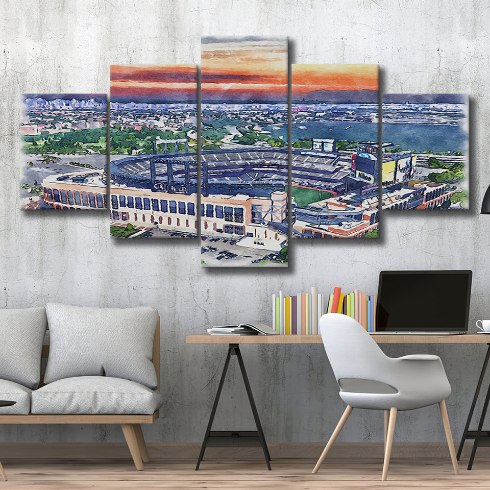 Citi Field Mets Stadium Watercolor, 5 Pieces, Multi Panel Canvas Prints Wall Art Decor