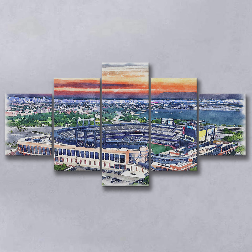 Citi Field Mets Stadium Watercolor, 5 Pieces, Multi Panel Canvas Prints Wall Art Decor