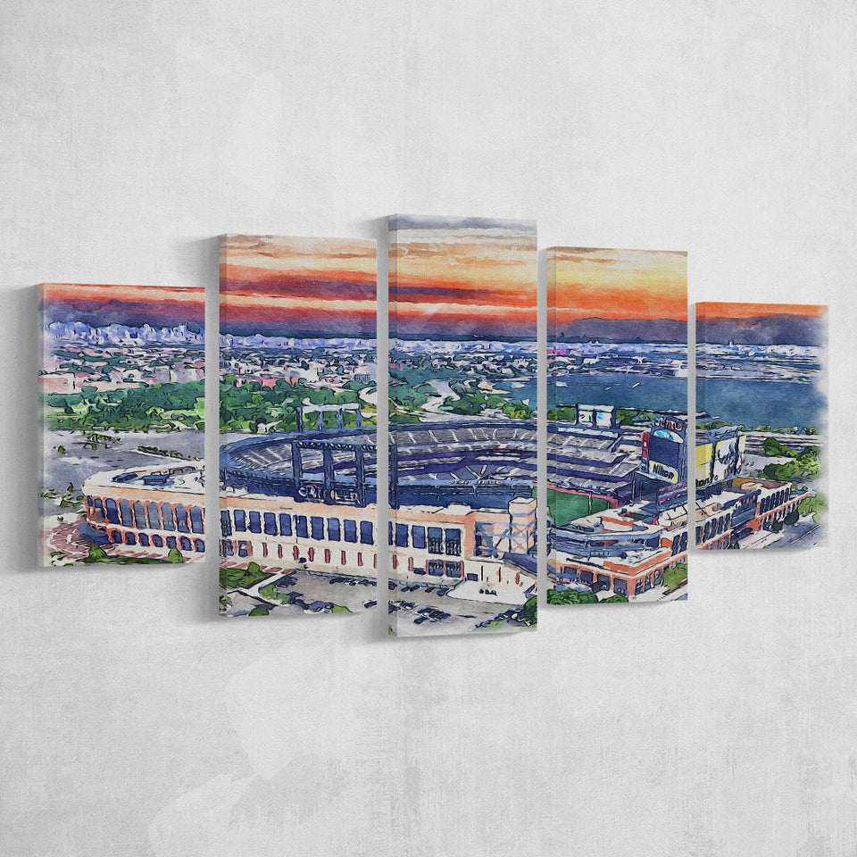 Citi Field Mets Stadium Watercolor, 5 Pieces, Multi Panel Canvas Prints Wall Art Decor