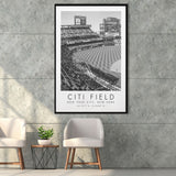 Citi Field New York Mets Print Baseball Lovers Black And White Art Framed Canvas Prints Wall Art Home Decor, Floating Frame