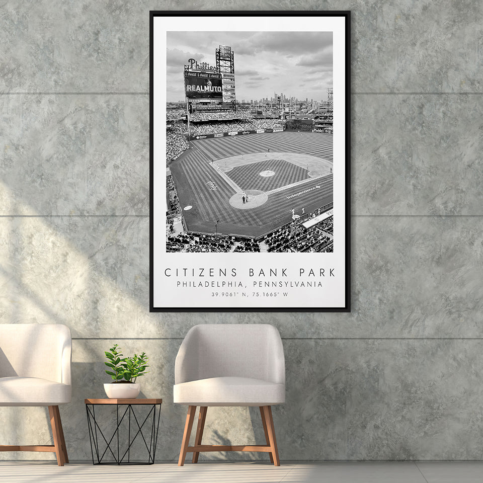 Citizens Bank Park Philadelphia Phillies Black And White Art Framed Canvas Prints Wall Art Home Decor, Floating Frame