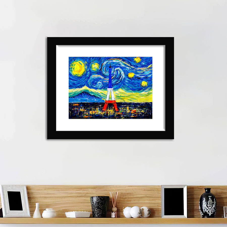 City Skyline Of Paris With Abstract Starry Night Sky Wall Art Print - Framed Art, Framed Prints, Painting Print