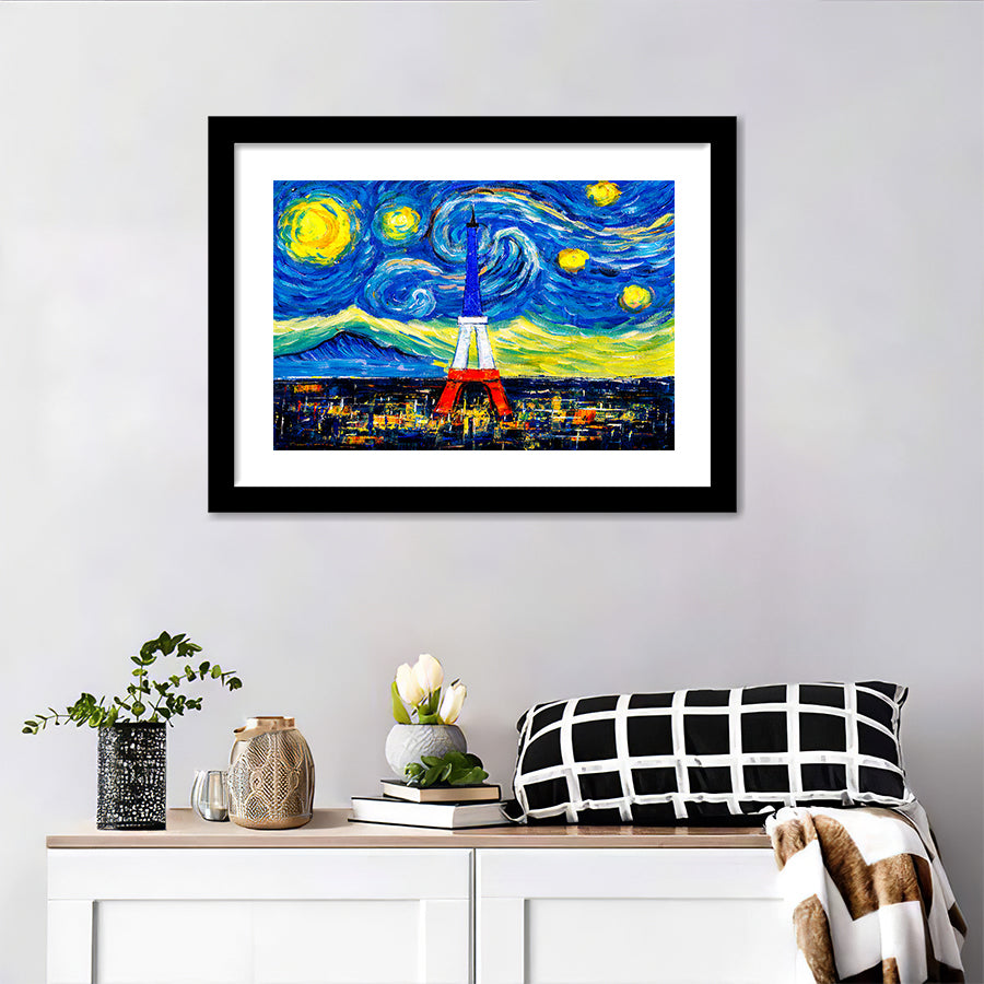 City Skyline Of Paris With Abstract Starry Night Sky Wall Art Print - Framed Art, Framed Prints, Painting Print