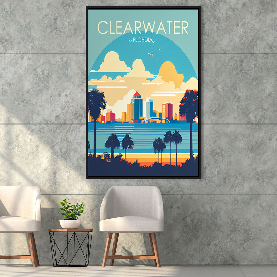 Clearwater Florida Retro Art Print, Large Canvas, Framed Canvas Print Wall Art Home Decor, Floating Frame
