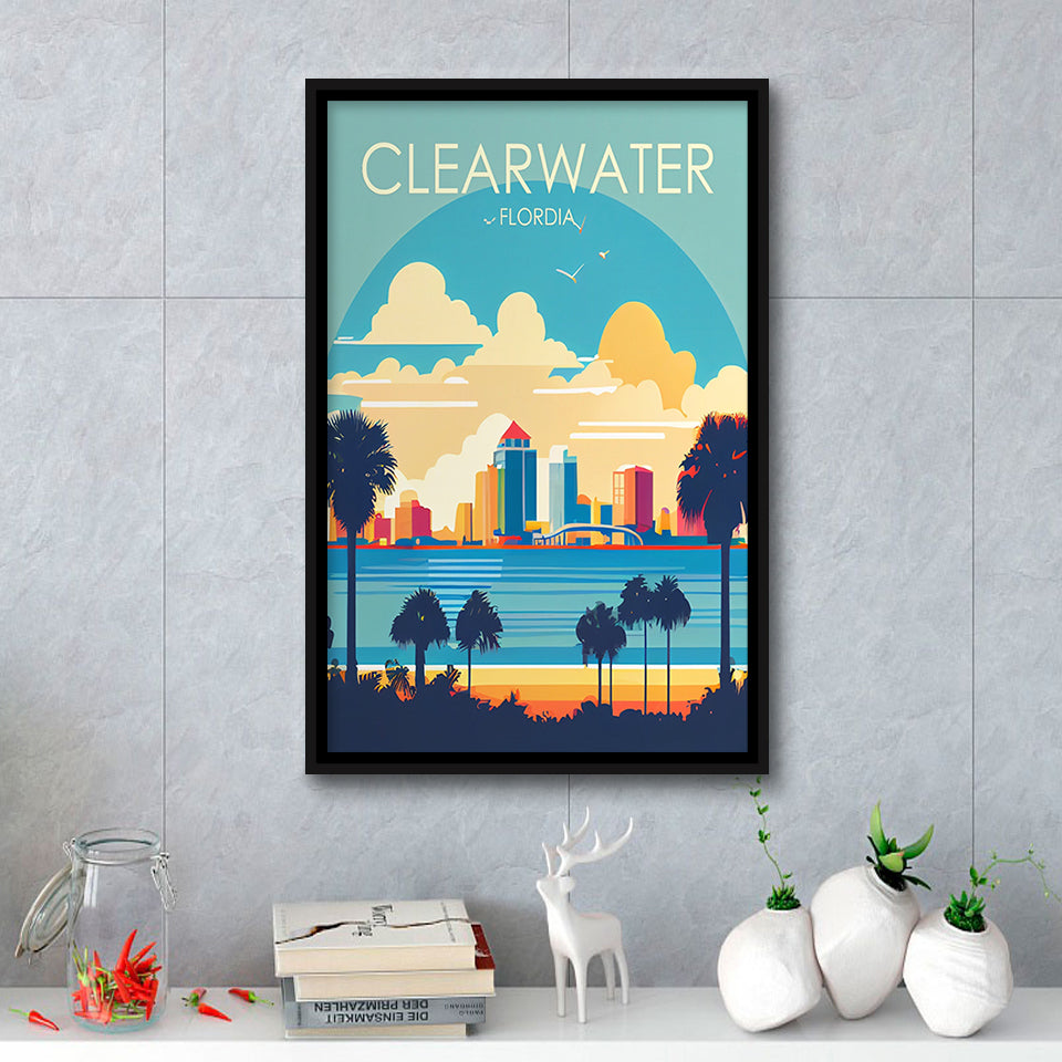 Clearwater Florida Retro Art Print, Large Canvas, Framed Canvas Print Wall Art Home Decor, Floating Frame