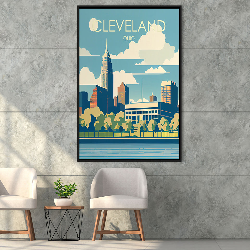 Cleveland Ohio Retro Art Print, Large Canvas, Framed Canvas Print Wall Art Home Decor, Floating Frame