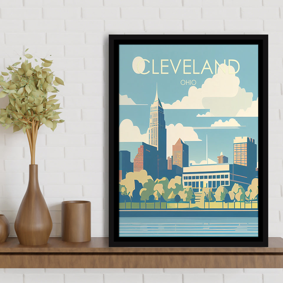Cleveland Ohio Retro Art Print, Large Canvas, Framed Canvas Print Wall Art Home Decor, Floating Frame