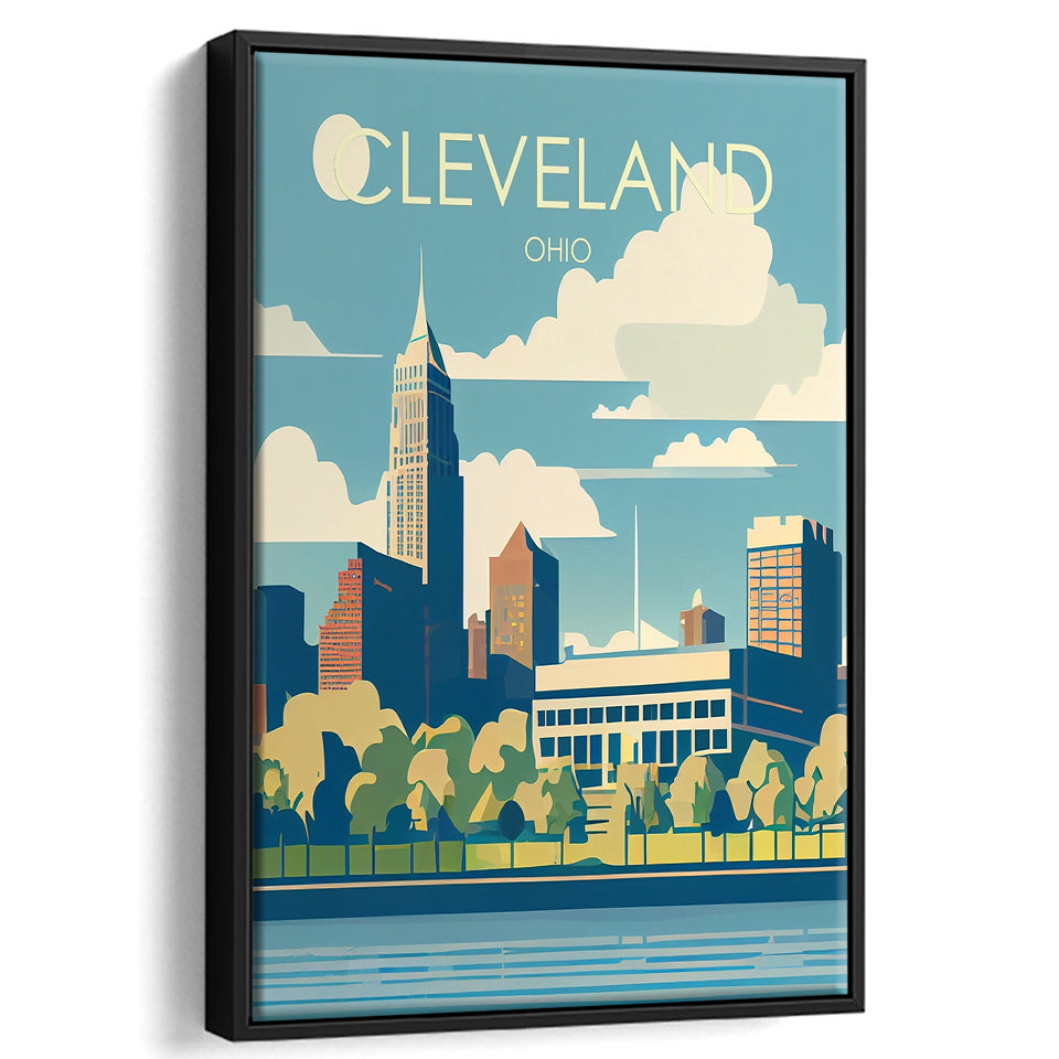 Cleveland Ohio Retro Art Print, Large Canvas, Framed Canvas Print Wall Art Home Decor, Floating Frame