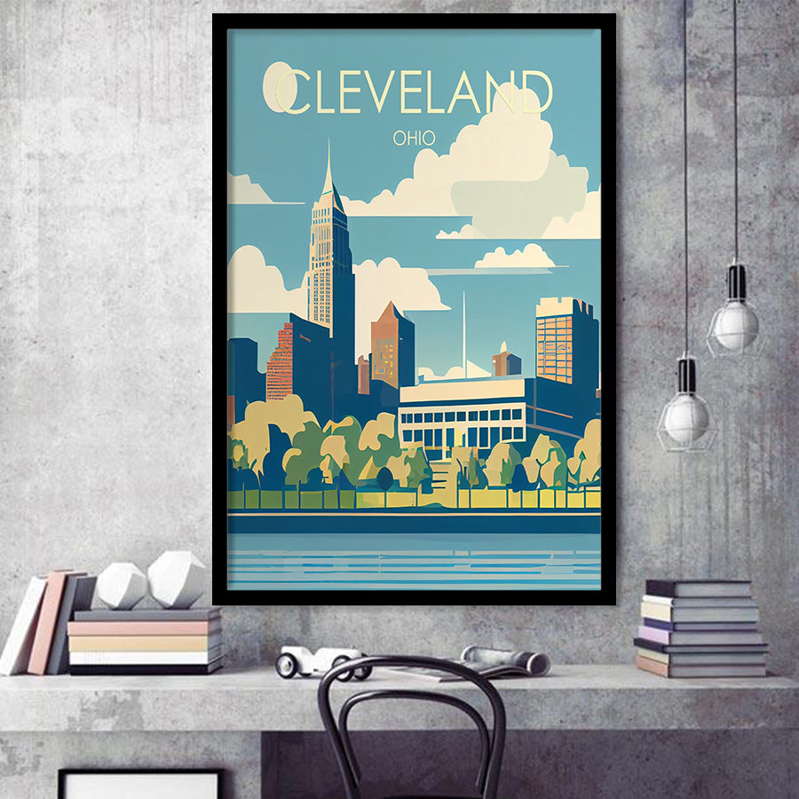 Cleveland Ohio Retro Art Print, City Art Print, Framed Art Print Wall Art Home Decor, Framed Picture