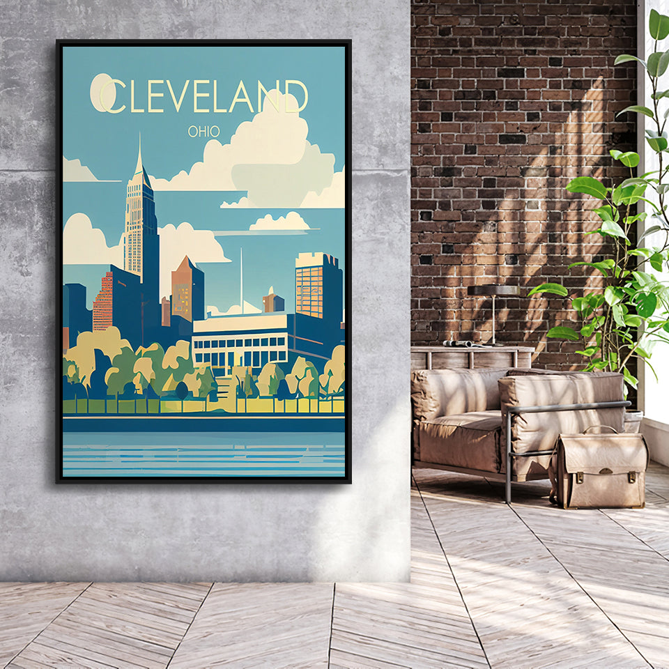 Cleveland Ohio Retro Art Print, Large Canvas, Framed Canvas Print Wall Art Home Decor, Floating Frame