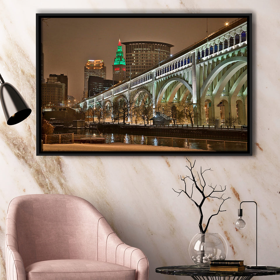Cleveland Skyline, Cleveland Canvas Art Framed Canvas Prints Wall Art Decor, Black Floating Frame