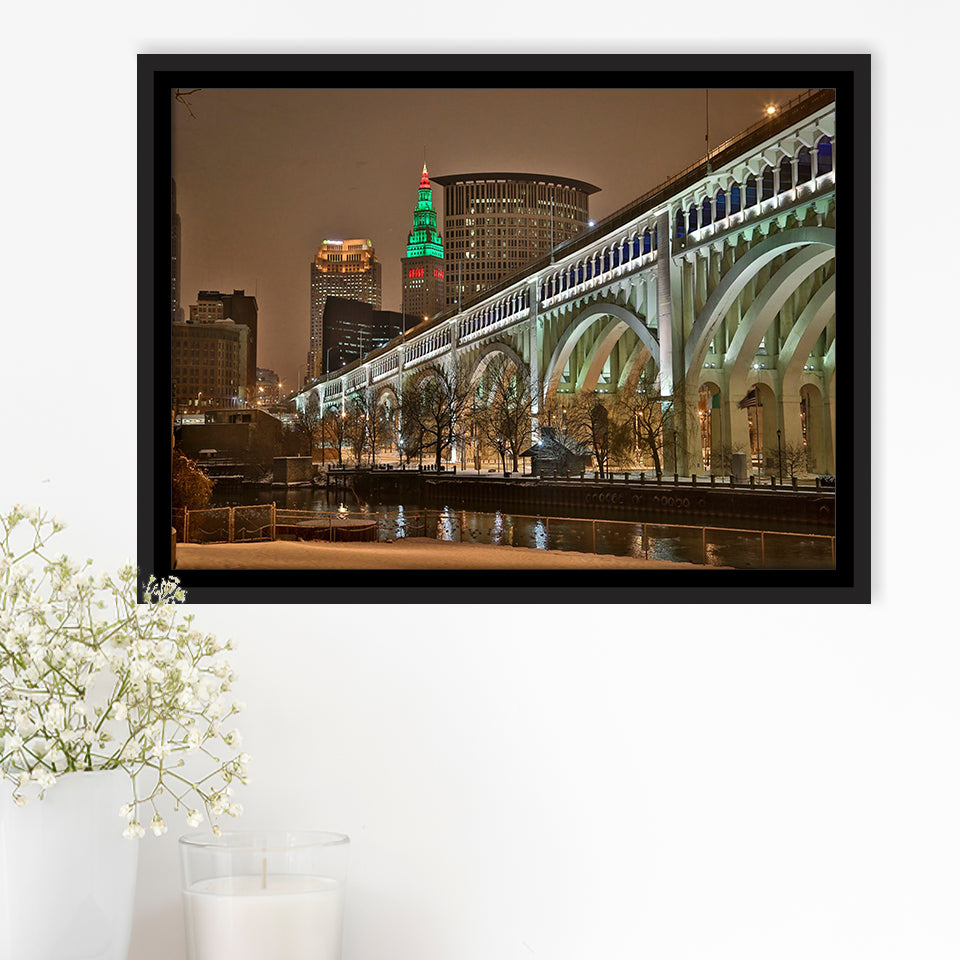 Cleveland Skyline, Cleveland Canvas Art Framed Canvas Prints Wall Art Decor, Black Floating Frame