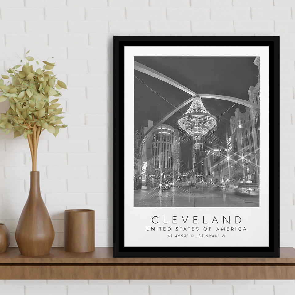 Cleveland, Usa 1 Black And White Art Framed Canvas Prints Wall Art Home Decor, Floating Frame