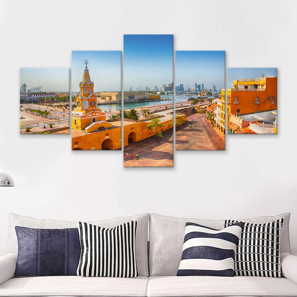 Clock Tower Gate in Cartagena's old city 5 Pieces Canvas Prints Wall Art - Painting Canvas, Multi Panels, Wall Decor