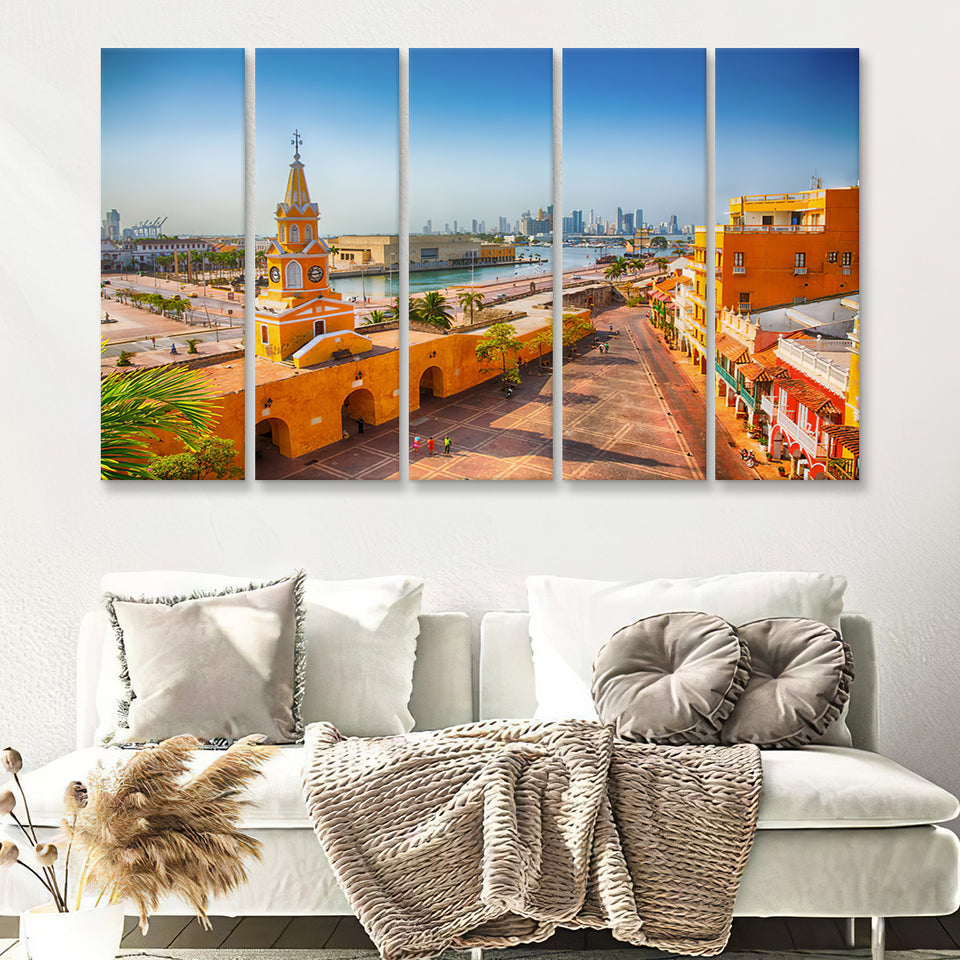 Clock Tower Gate in Cartagena's old city 5 Pieces Canvas Prints Wall Art - Painting Canvas, Multi Panels, Wall Decor