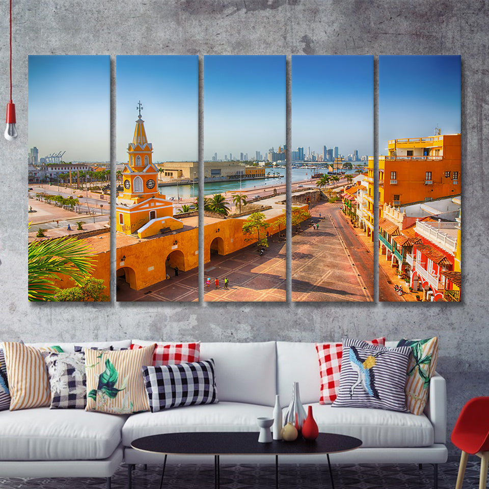 Clock Tower Gate in Cartagena's old city 5 Pieces Canvas Prints Wall Art - Painting Canvas, Multi Panels, Wall Decor