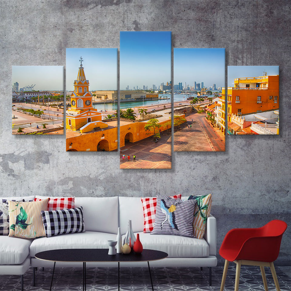 Clock Tower Gate in Cartagena's old city 5 Pieces Canvas Prints Wall Art - Painting Canvas, Multi Panels, Wall Decor