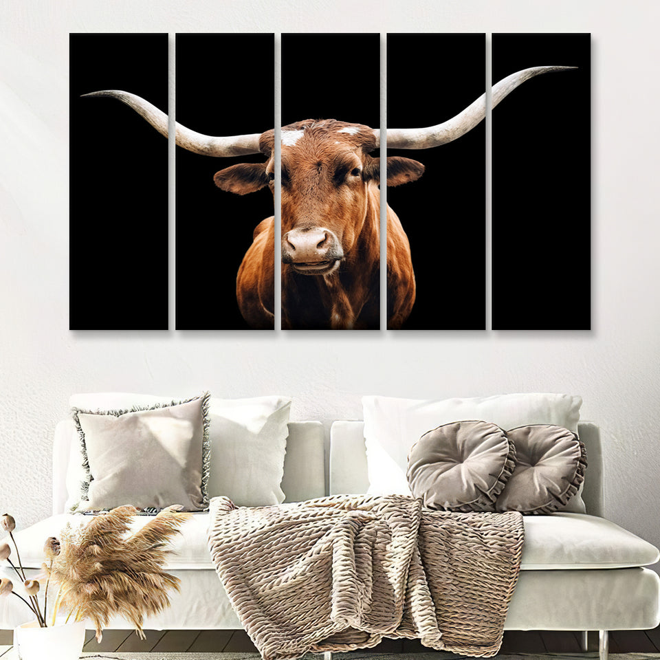 Close Up Portrait Of Reddish Brown Cow With A Black Background 5 Piece B Multi Panels Canvas Prints Wall Art Decor