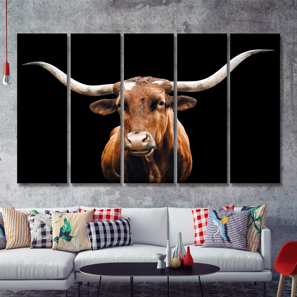 Close Up Portrait Of Reddish Brown Cow With A Black Background 5 Piece B Multi Panels Canvas Prints Wall Art Decor