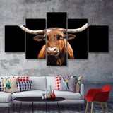 Close Up Portrait Of Reddish Brown Cow With A Black Background 5 Piece Multi Panels Canvas Prints Wall Art Decor - Painting Canvas