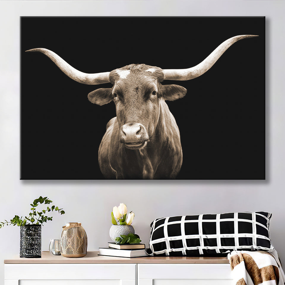 Close Up Portrait Of Texas Longhorn Cow With Black Background Canvas Prints Wall Art - Painting Canvas,Wall Decor,Art Print,Home Decor