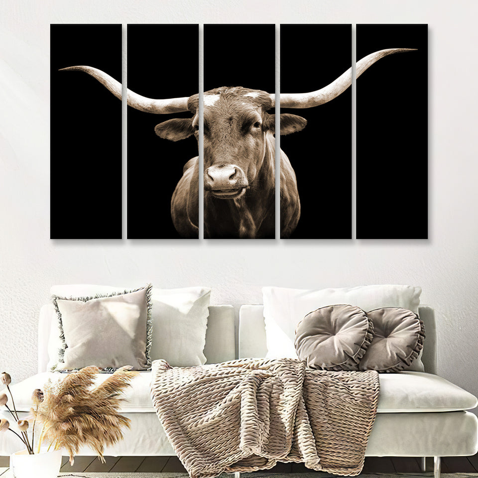 Close Up Portrait Of Texas Longhorn Cow With Black Background 5 Piece B Multi Panels Canvas Prints Wall Art Decor