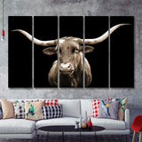 Close Up Portrait Of Texas Longhorn Cow With Black Background 5 Piece B Multi Panels Canvas Prints Wall Art Decor