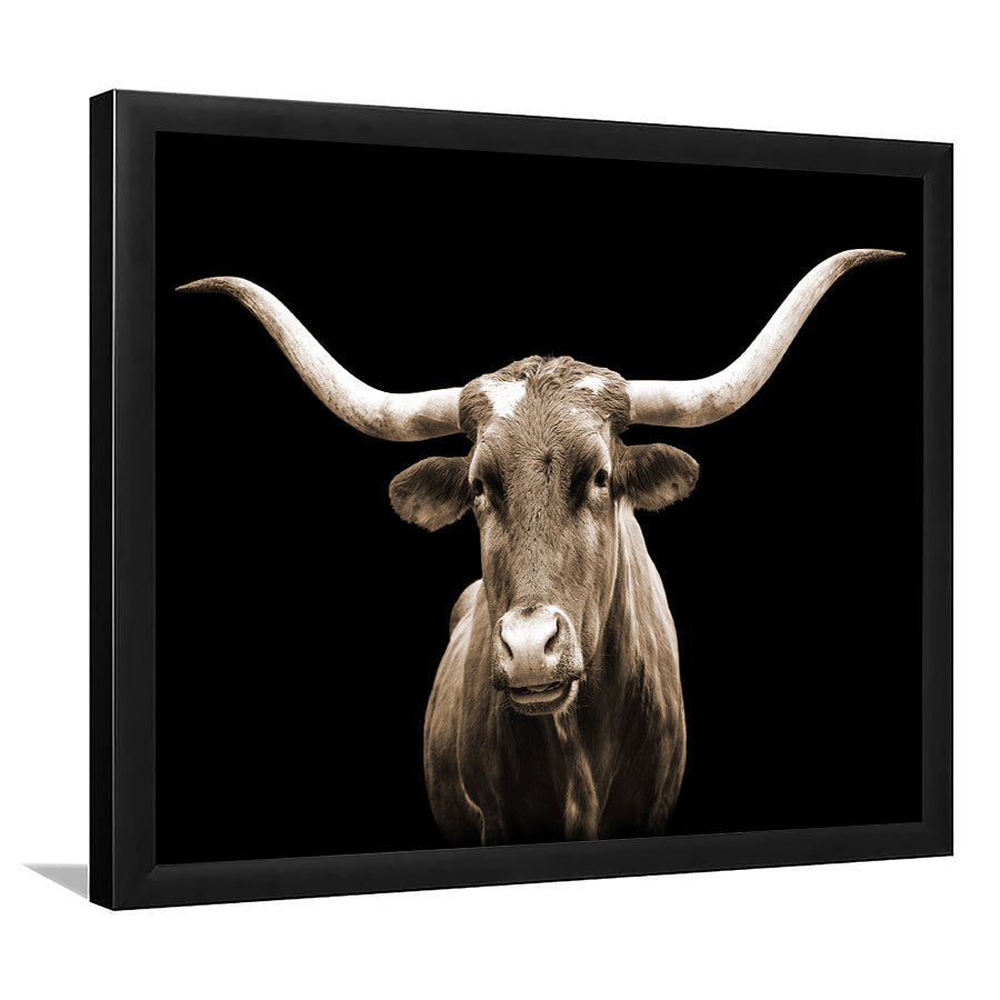 Close Up Portrait Of Texas Longhorn Cow With Black Background Framed Art Print Wall Decor - Painting Art, Framed Picture, Home Decor