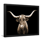 Close Up Portrait Of Texas Longhorn Cow With Black Background Framed Art Print Wall Decor - Painting Art, Framed Picture, Home Decor
