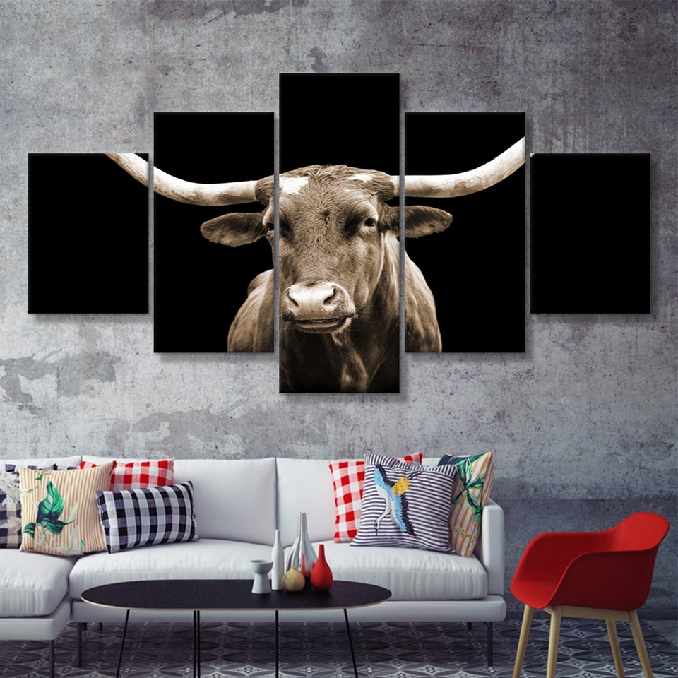 Close Up Portrait Of Texas Longhorn Cow With Black Background 5 Piece Multi Panels Canvas Prints Wall Art Decor - Painting Canvas