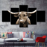 Close Up Portrait Of Texas Longhorn Cow With Black Background 5 Piece Multi Panels Canvas Prints Wall Art Decor - Painting Canvas