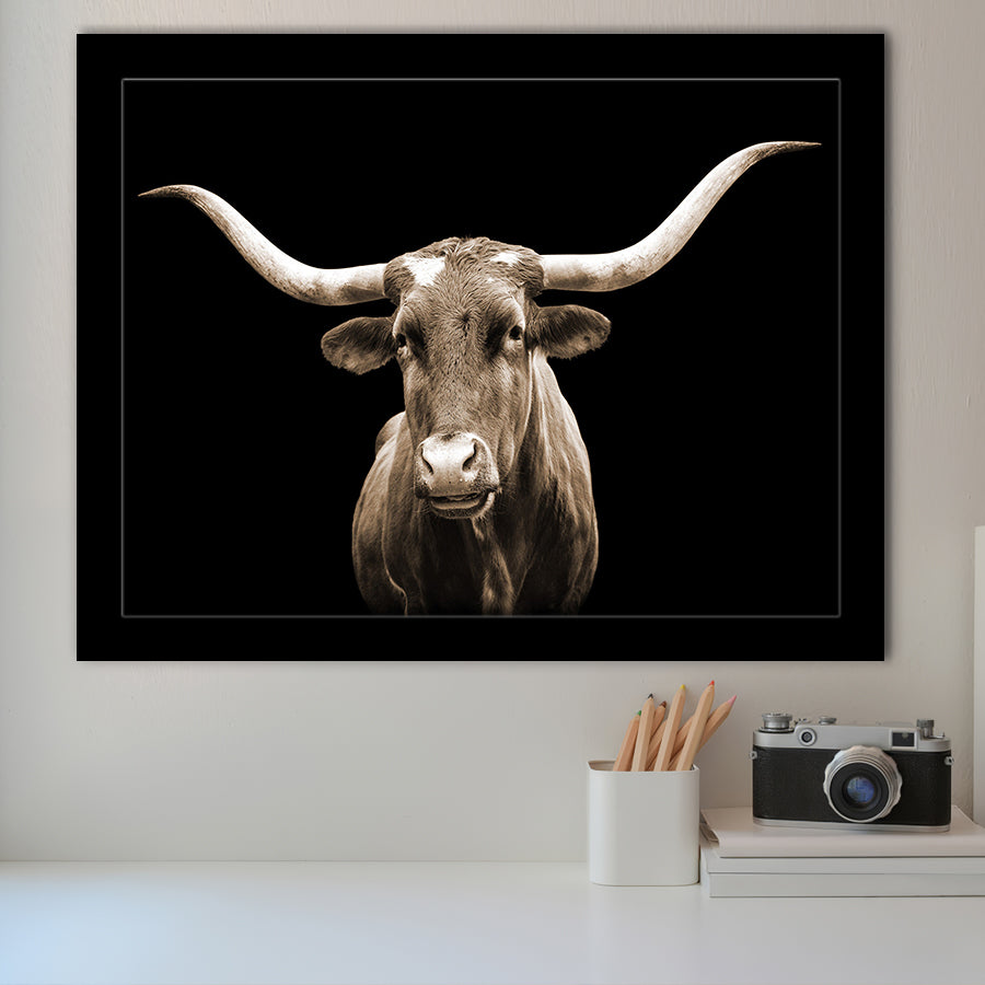 Close Up Portrait Of Texas Longhorn Cow With Black Background Framed Art Print Wall Decor - Painting Art, Framed Picture, Home Decor