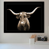 Close Up Portrait Of Texas Longhorn Cow With Black Background Framed Art Print Wall Decor - Painting Art, Framed Picture, Home Decor