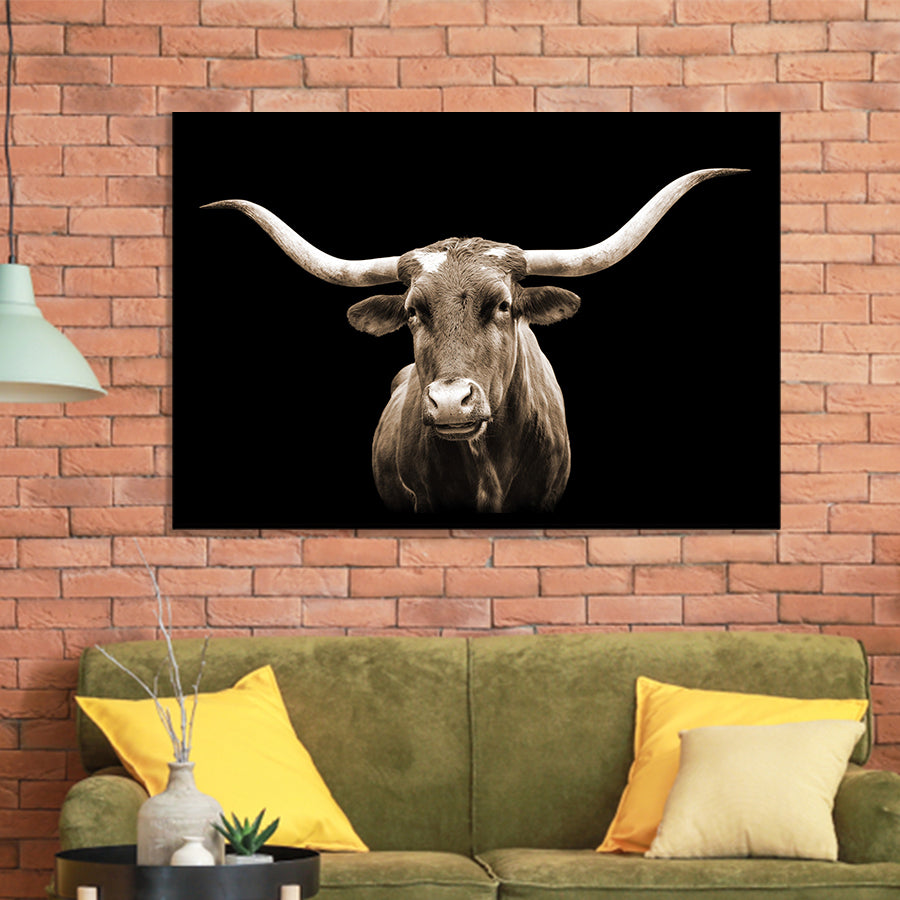 Close Up Portrait Of Texas Longhorn Cow With Black Background Framed Art Print Wall Decor - Painting Art, Framed Picture, Home Decor