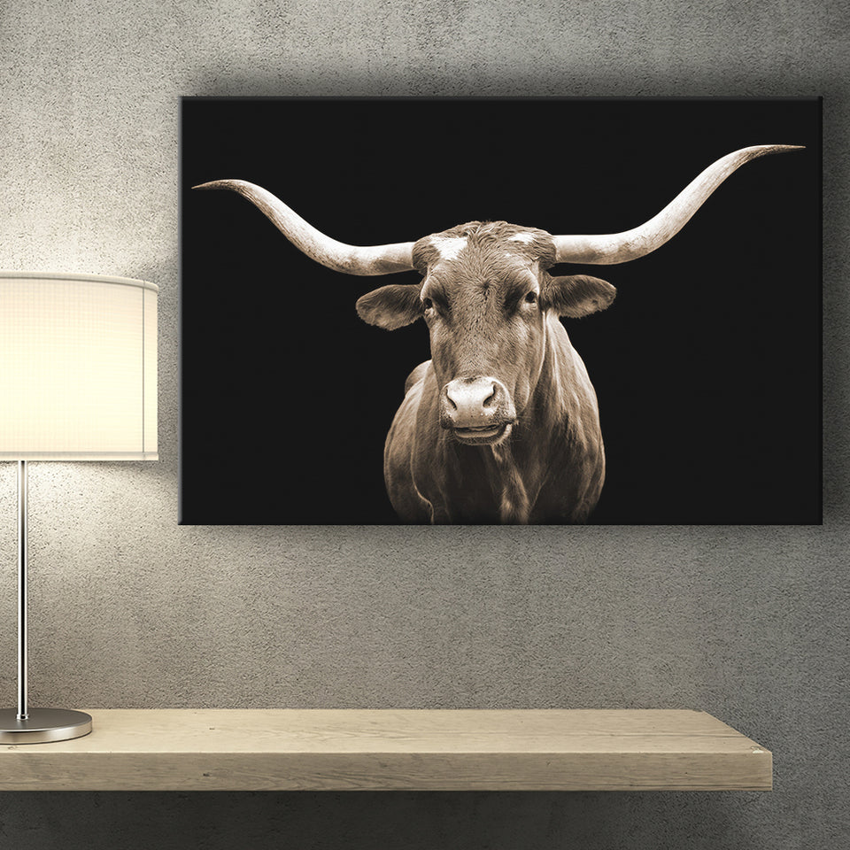 Close Up Portrait Of Texas Longhorn Cow With Black Background Canvas Prints Wall Art - Painting Canvas,Wall Decor,Art Print,Home Decor