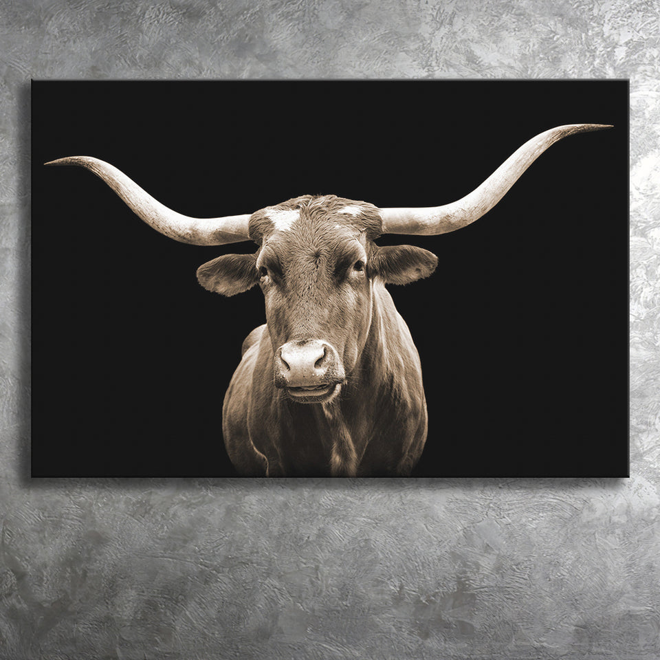 Close Up Portrait Of Texas Longhorn Cow With Black Background Canvas Prints Wall Art - Painting Canvas,Wall Decor,Art Print,Home Decor