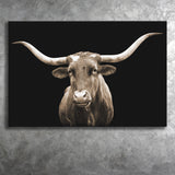 Close Up Portrait Of Texas Longhorn Cow With Black Background Canvas Prints Wall Art - Painting Canvas,Wall Decor,Art Print,Home Decor