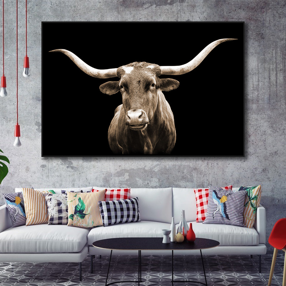 Close Up Portrait Of Texas Longhorn Cow With Black Background Framed Canvas Prints Wall Art - Painting Canvas,Framed Picture,Wall Decor